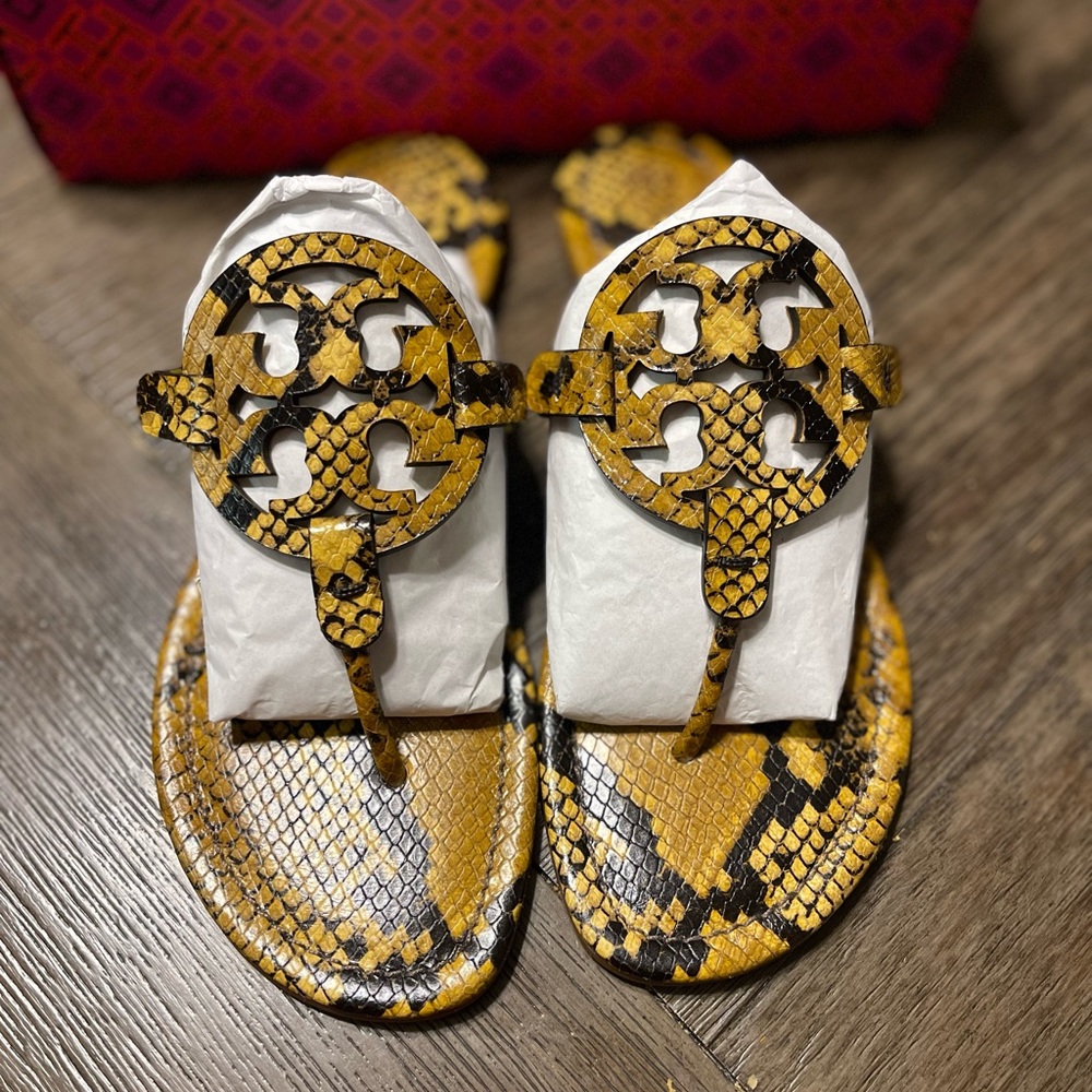 {Tory Burch}Authentic Miller GoldCrest Warm Roccia Sandals Stamped Snake Printed